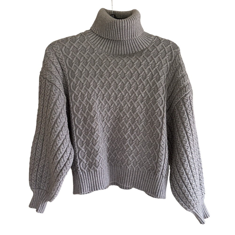 Elie Tahari Women's Gray Cable Knit Turtleneck Sweater‎ Balloon Sleeves Small